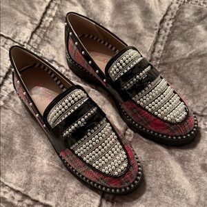 Betsey Johnson Black and Red Loafers with Pearl Accents